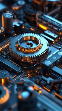 Intricate machinery assemblage with precision engineering and luminous accents