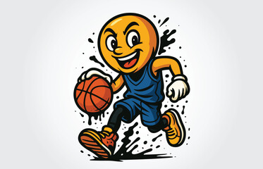 Basketball Emoji Cartoon Character Dribbling with Ball
