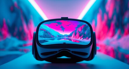 Virtual Reality Headset Displaying a Scenic Landscape with a River and Mountains