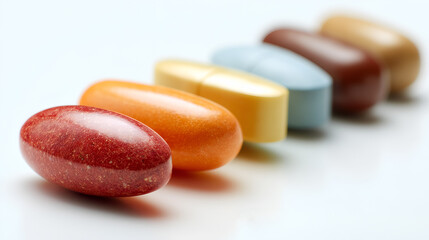 a row of colorful pills, representing health and wellness. The pills are lined up, creating a visual display of medicine