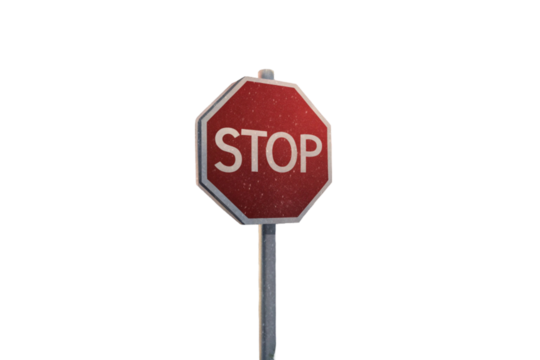 Red octagonal stop sign symbol isolated on white background for road traffic warning