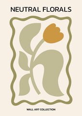 Neutral colors floral vector illustration. Minimalist poster design with abstract flower in wavy whimsical frame