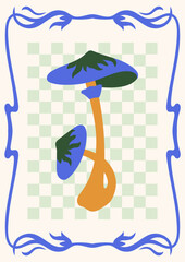 Art Nouveau style illustration vector poster. Retro print design with mushrooms in whimsical frame on checkered background