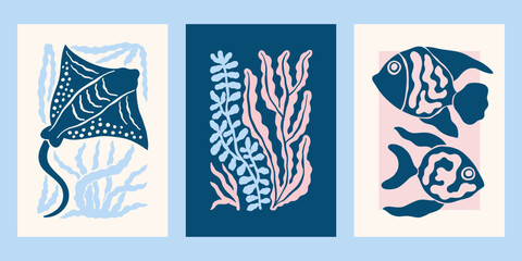Underwater ocean life vector posters set. Minimalist retro sea print designs with fishes, stingray, seaweeds, corals illustrations