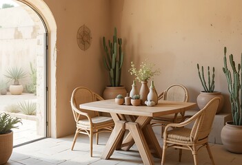 Fototapeta premium Desert boho dining nook with a sand-toned wood table, woven rattan chairs, terracotta pots with cacti and succulents, and earth-toned walls bathed in light.