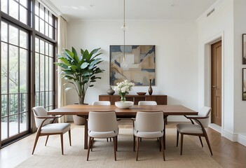 Refined dining room with a sleek walnut table, elegant mid-century chairs, large statement plant in the corner, and bright light from tall grid windows.