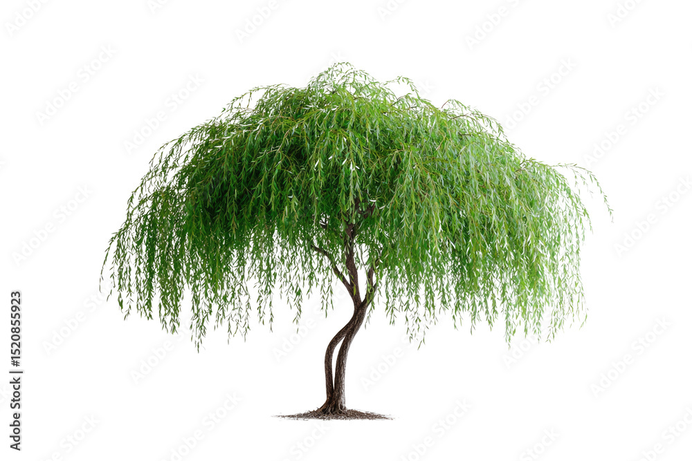 Poster a weeping willow tree, isolated on a transparent background, showcasing its elegant, cascading branc