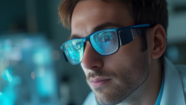 reflection of computer screen on glasses. ultra realistic digital art. scientist with glasses and screen reflection. high detail illustration of technology and vision.