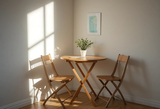Compact studio dining space with a foldable wooden table, two minimal chairs, one corner plant, and bright daylight creating clean, defined shadows.