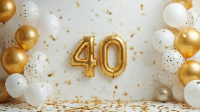 Golden 40th birthday numbers with white balloons and glitter background for celebration concept