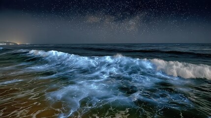 Obraz premium Bioluminescent waves under starry night sky