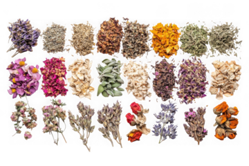 Dried flowers assortment png, floral decoration elements, botanical illustration, flower arrangement, herbarium, potpourri isolated on transparent background