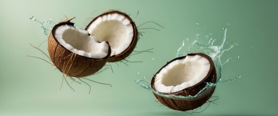 Fresh Coconut Halves with Splashes of Water, Perfect for Summer Refreshments.