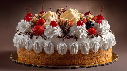 a delicious layered cake decorated with fresh fruit and cream, ready to be served