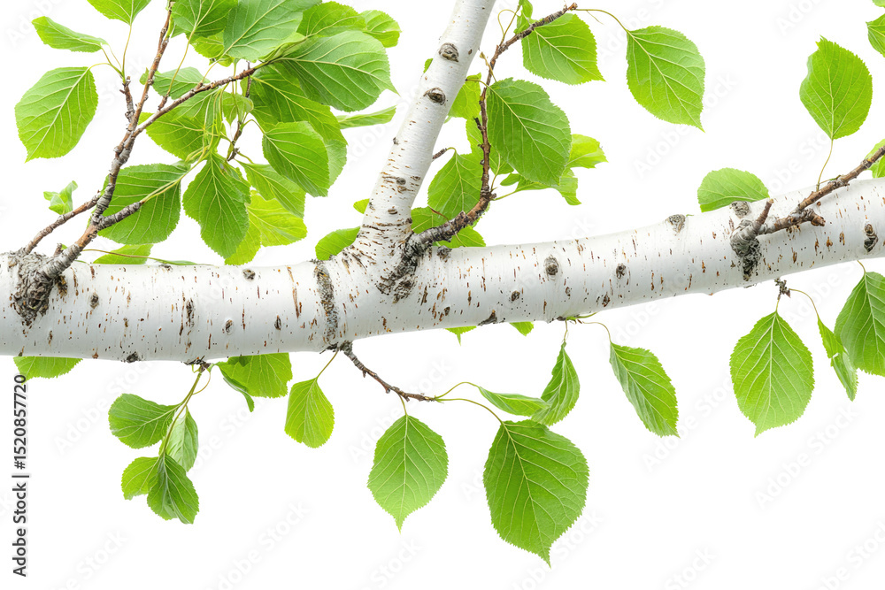 Poster a branch of a tree with white bark and fresh green leaves, isolated on a transparent background back