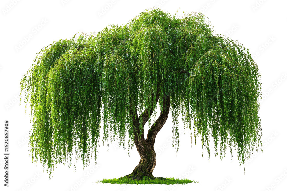 Poster a majestic weeping willow tree with long, cascading branches and lush green leaves background remove
