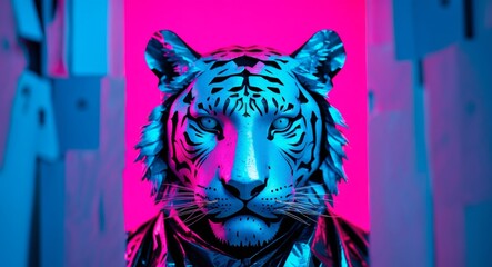 Cyberpunk Tiger Portrait. Neon Colors, Futuristic Vibe, Striking Composition.