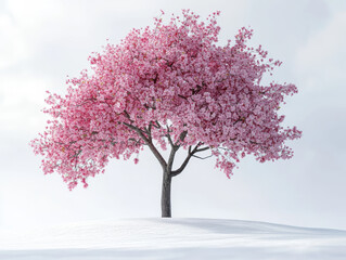 Obraz premium Solitary cherry blossom tree stands gracefully on snowy hill, its vibrant pink flowers contrasting beautifully against white landscape, evoking sense of serene beauty