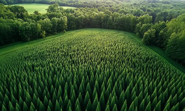Dense Green Forest Aerial View with Sunlight Peeking Through Lush Woodland Vegetation Offering Tranquil and Serene