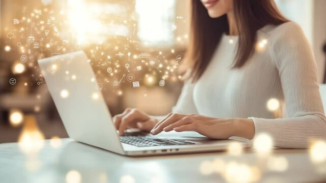 Woman using laptop with digital network overlay symbolizing remote work globally - Powered by Adobe