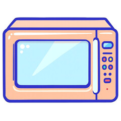 Illustration of a peach colored microwave with a blue border and a digital clock on the side