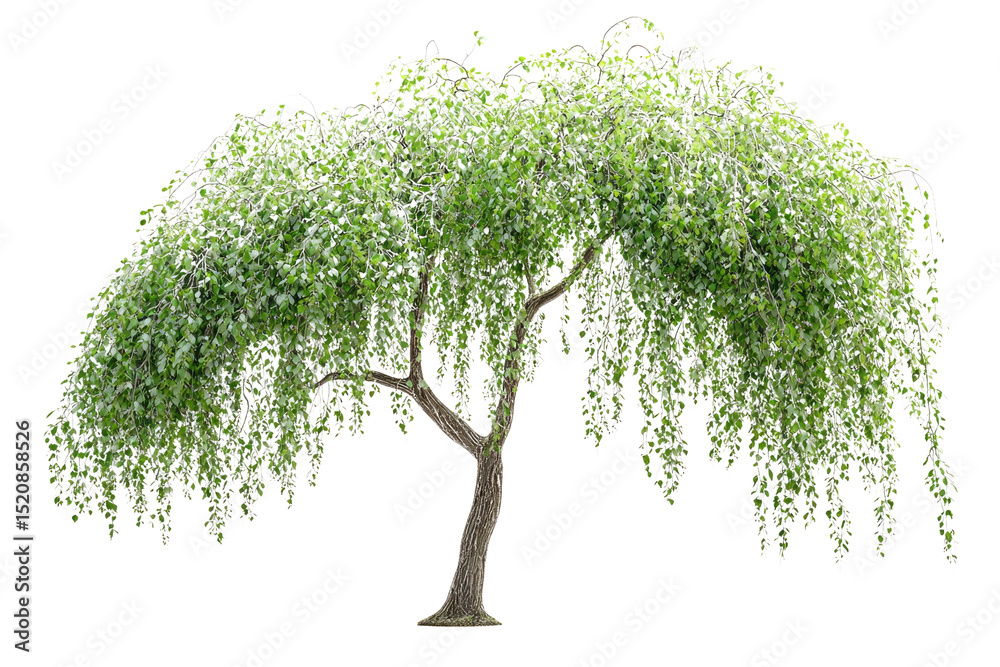 Aufkleber weeping birch tree with lush, green leaves cascading down, isolated on a transparent background back