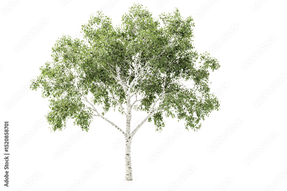 Poster A single birch tree with lush green leaves and a distinct white bark, isolated on a transparent background background removed