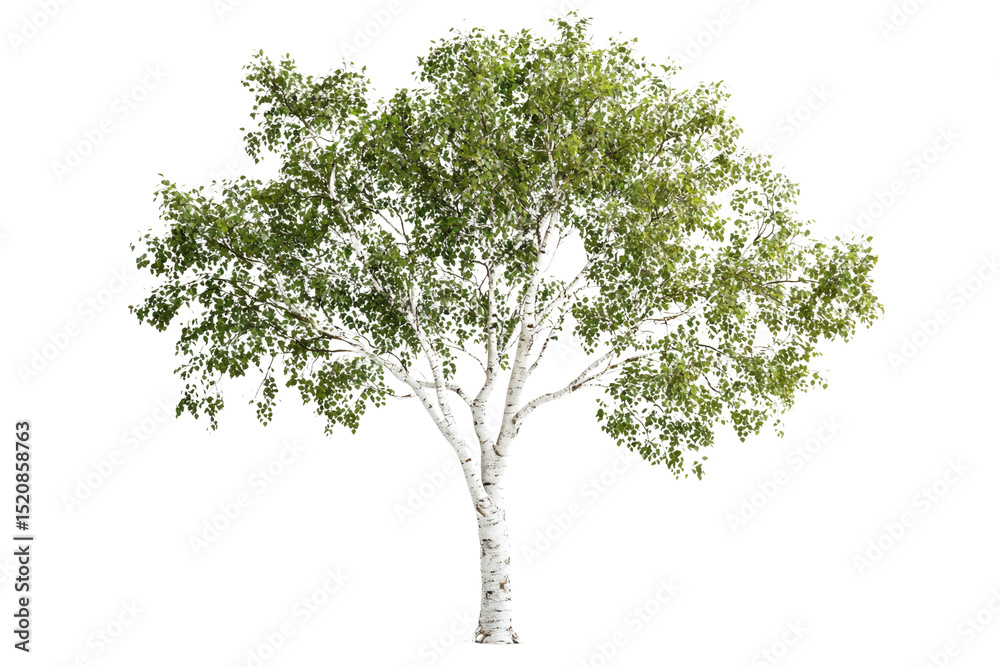 Poster a lush, green birch tree with a white bark stands tall, isolated on a transparent background backgro