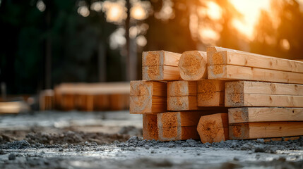 Stacked Wooden Beams On Construction Site At Golden Hour