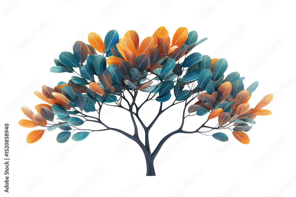 Poster a stylized tree with teal and orange leaves, isolated on a transparent background background removed