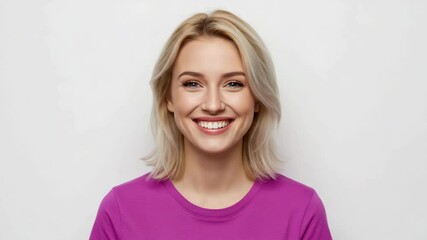 Blonde woman smiling in purple shirt on white background. Bright, joyful portrait perfect for wellness, fashion, lifestyle, and creative commercial use. - Powered by Adobe