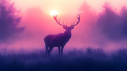 Silhouetted deer at sunrise in a misty forest.