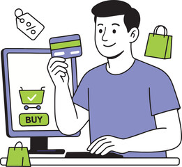 Online Shopping: Man Making a Purchase with Credit Card, Vector Illustration.
