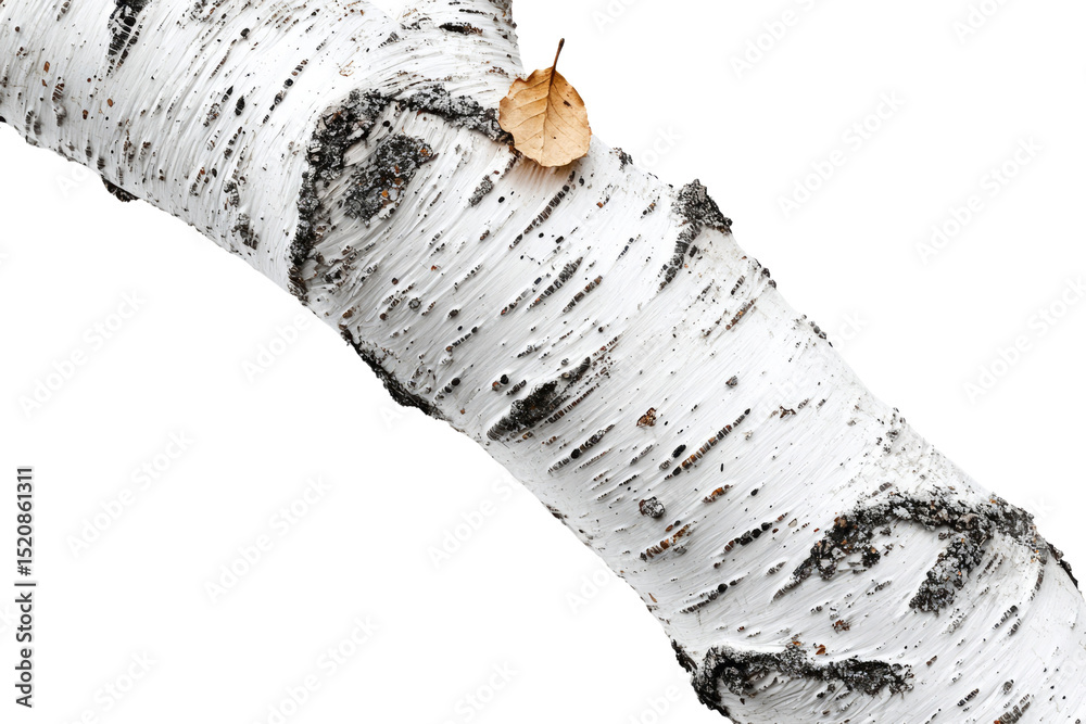 Poster close-up of birch tree bark texture with a single, dried leaf background removed