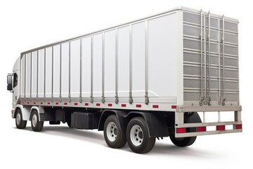 Large white truck with a flatbed design parked on a plain background