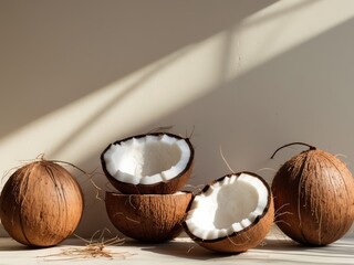Tropical Coconut Still Life. Whole and Halved Coconuts under Natural Sunlight. © DEER FLUFFY