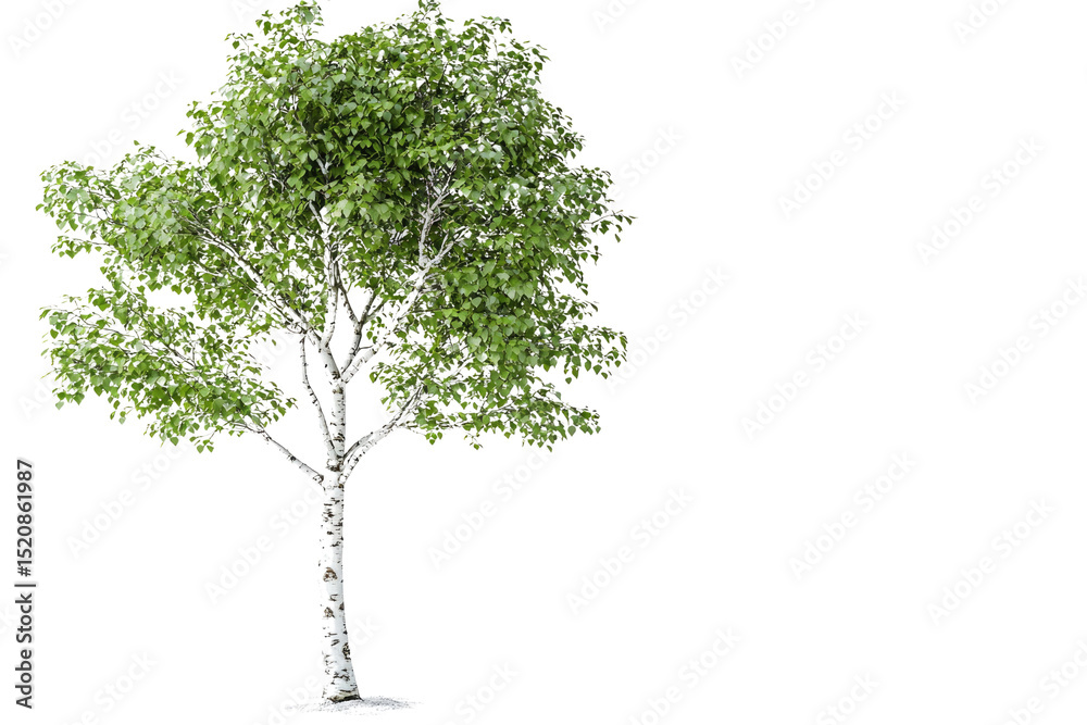 Poster a single birch tree with lush green leaves and a white bark stands isolated against a muted transpar