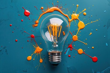 Creative Light Bulb Design on Cerulean Background with Colorful Pulsating Paint Splatters Showcasing Originality