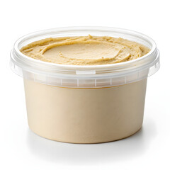 Plastic hummus tub mockup with blank label for branding presentation, isolated on white background, ready for packaging design showcase