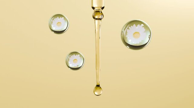 A serum tube is dripping a drop of clear serum, then bursting with nutrients from chamomile on a yellow background. Video illustration of a skin care product extracted from chamomile