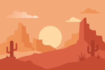 Vector illustration of Monument Valley desert landscape at sunset with clouds and distant city silhouette