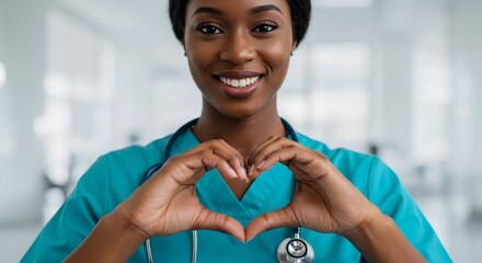 Smiling Black Female Doctor or Nurse Making Heart Shape with Hands in Hospital