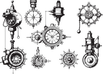 Mechanism set, retro, vintage, steampunk, cyberpunk, decorative elements. Ideal design for social media, cover, banner, flyer, music, ads. © Михаил Н