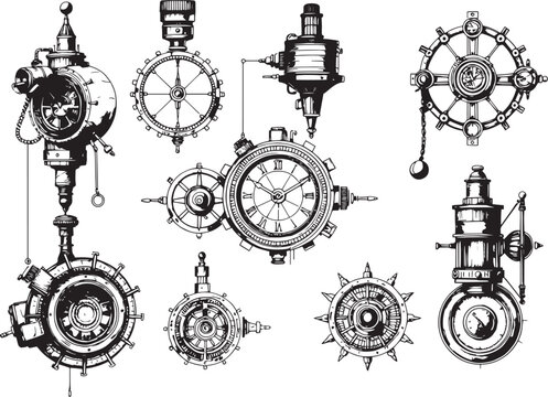 Mechanism set, retro, vintage, steampunk, cyberpunk, decorative elements. Ideal design for social media, cover, banner, flyer, music, ads.