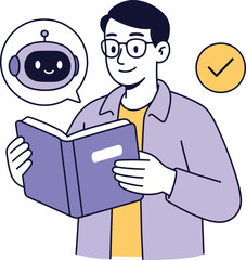 Learning Robot: Man Reading About AI, Vector Illustration.