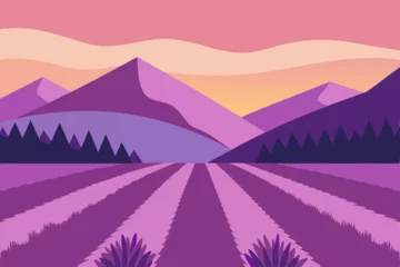 Gardinen Vector illustration of mountain landscape with misty forest, sunrise sky, and distant snow peaks © Rasel
