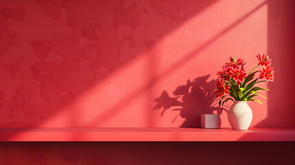 3D rendering of a red wall with a shelf and flowers on a table, a minimalist interior design background. Bright room lighting, golden shadows, and subtle gradients.