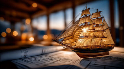 Model Ship on Blueprint: A meticulously crafted model sailing ship, bathed in warm light, rests on a blueprint, evoking dreams of adventure and exploration.
