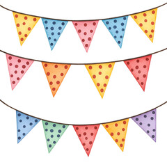 Colorful triangular pennants with polka dots, strung together on a rope, arranged in multiple rows. Festive decorations with a whimsical design.