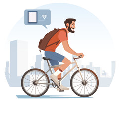 Digital Nomad Biking Through City Streets with Laptop and Backpack